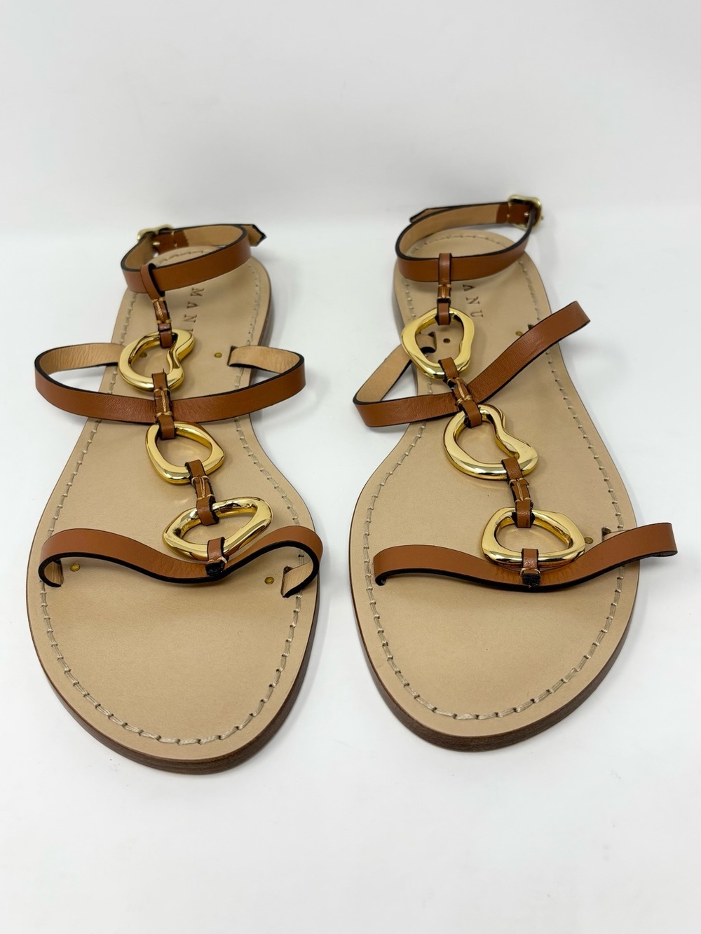 AMANU The Bazaruto Embellished Leather Sandals Cognac Gold Size 40 / 10 NWT - Picture 5 of 16